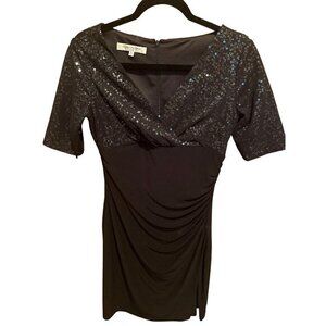 Evan Picone Black Sequin Drape Short Sleeve Dress With V-Neck Zip Closure Size 6
